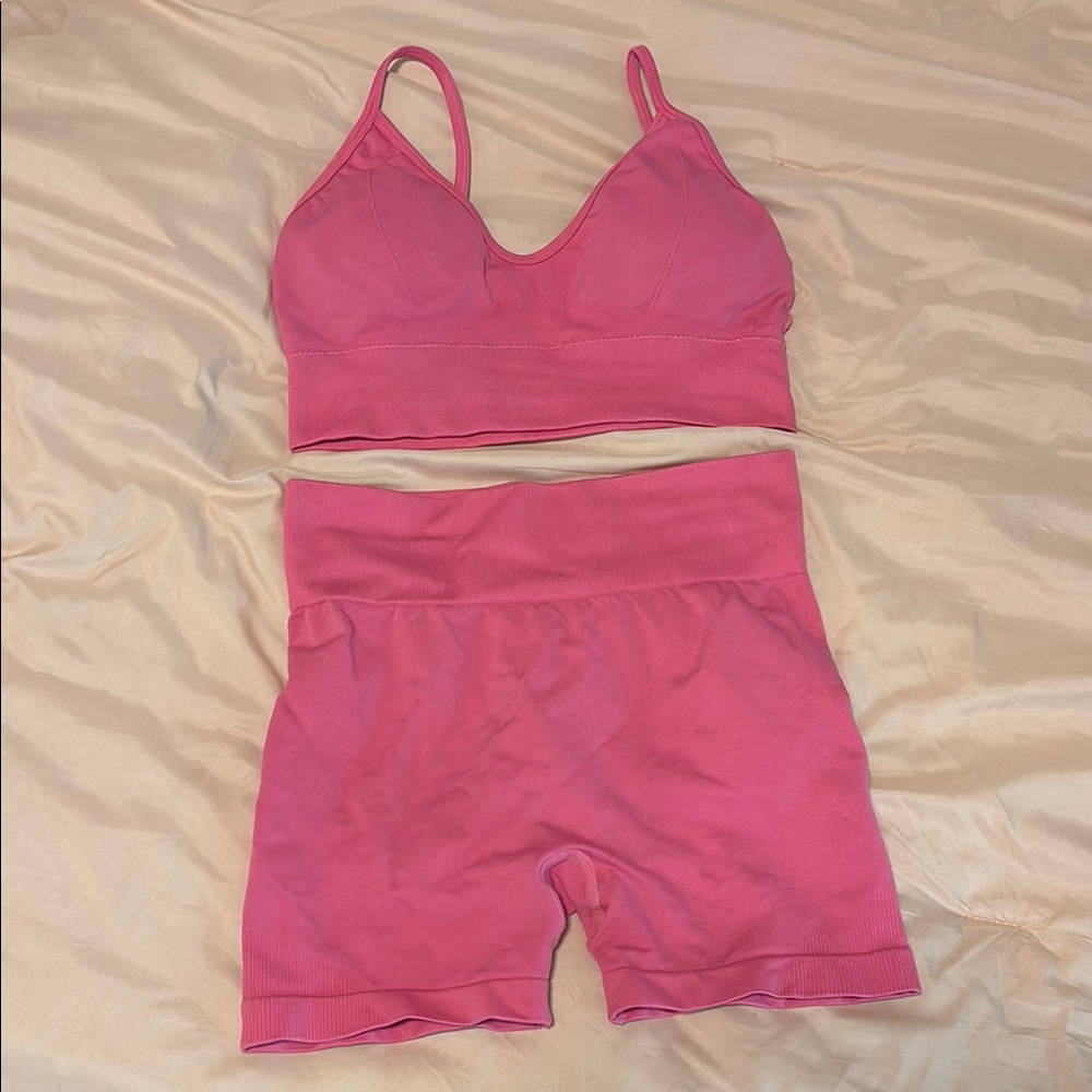 Pink Seamless Sports Bra and Scrunch Shorts Workout Set